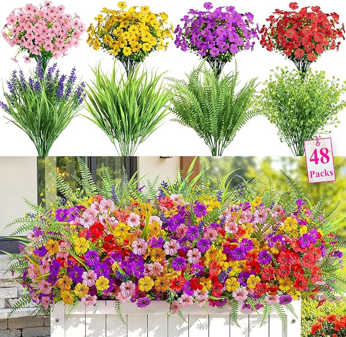Alupssuc 48 Bundles Artificial Flowers for Outdoors Planters Spring Decoration, UV Resistant Faux Eucalyptus Violet and Lavender Silk Fake Plants for Outside Indoor Yard Home Patio Decor, Mix 4 Colors