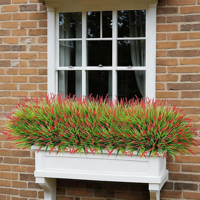 Ivydale 20PCS Artificial Plants Fake Flowers Monkey Grass for Outdoors,UV Resistant Realistic Red Faux Greenery Shrubs Outside Decor for Home Garland Porch Patio Balcony Planter Yard Office Pathway