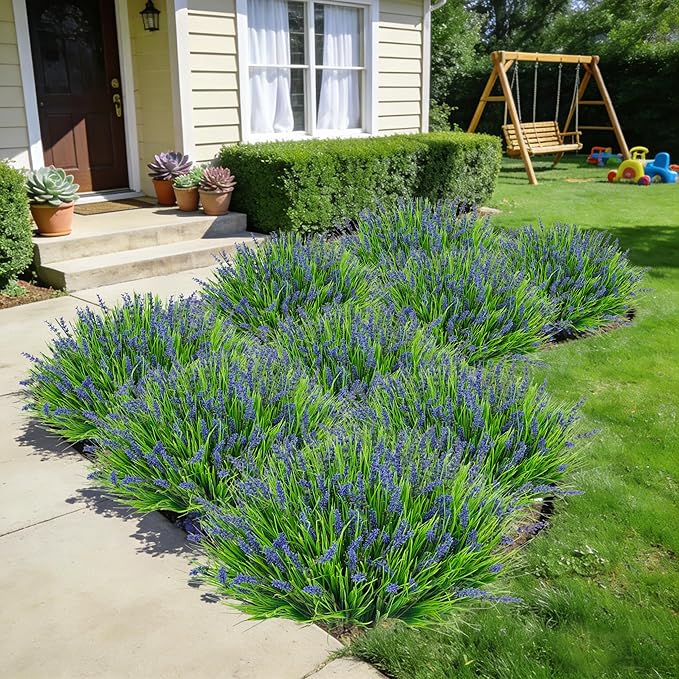 24 Bundles Artificial Plants Flowers Outdoor, Faux Lavender Flowers Fake Monkey Grass UV Resistant Plastic Plant for Porch Garden Patio Window Home Decor, Purple