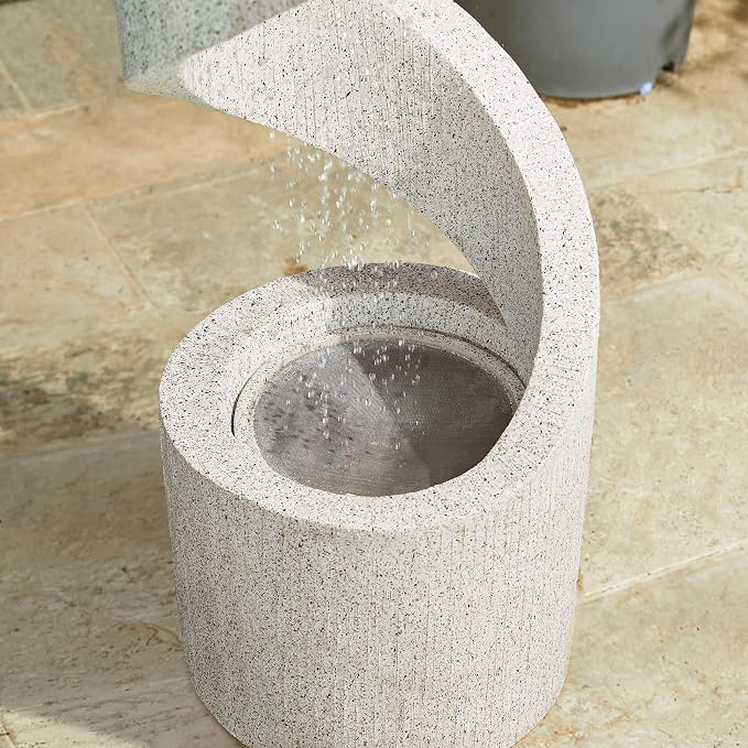 Glitzhome Outdoor Water Fountain with LED Light, Modren Curved Waterfall Fountain with Stone Planter, Faux Terrazzo Spiral Shaped Outdoor Fountains Water Feature for Garden Patio Deck Porch, 40.25”H