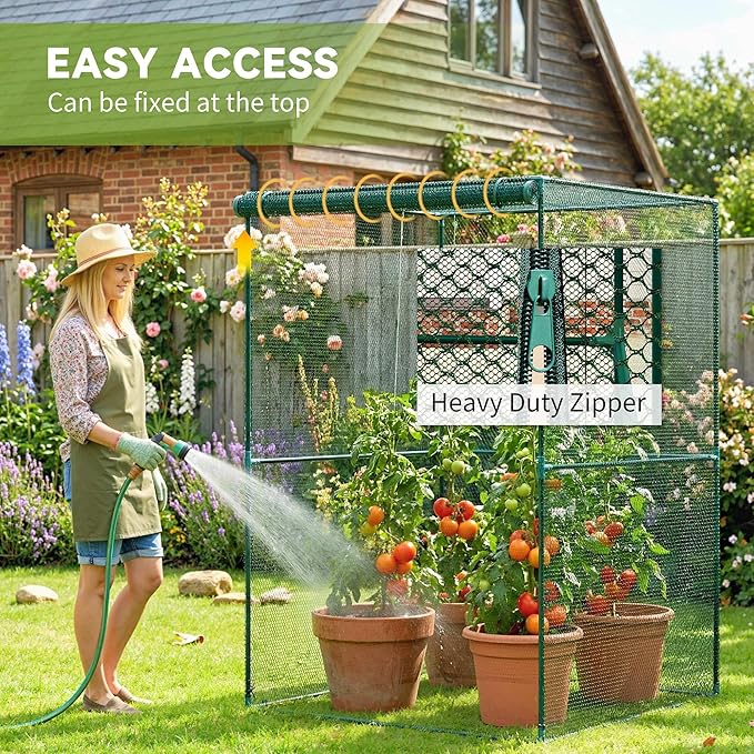 Outsunny 4' x 4' x 6' Crop Cage, Plant Protection Tent with Zippered Doors for Vegetable Garden, Backyard, Dark Green