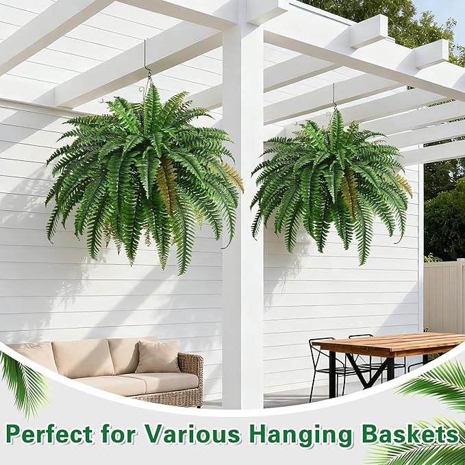 4PCS 45in Fake Ferns- Outdoor Faux Plants, Large UV Resistant Artificial Ferns for Outdoors, Weatherproof Faux Boston Fern Realistic Fake Artificial Plant for Porch Home Garden Patio Hanging Decor
