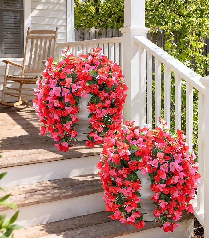 Faux Bougainvillea Artificial Flowers Plants for Outdoors Outside Decoration, 2pcs Fake Flowers Silk Long Trailing Vines UV Resistant Realistic for Front Door Porch Planter Urn Patio Balcony Yard, Mix
