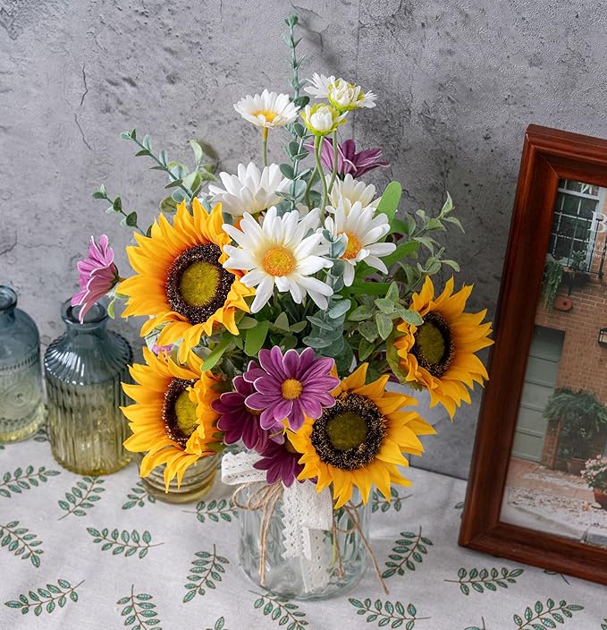 Artificial Faux Flowers in Vase for Home, Fake Flowers Arrangment with Pot, Sunflower Silk Daisy Bouquet for Fall Spring & Summer Decor Coffee Table Dinning Room Kitchen Centerpiece Table Decorations