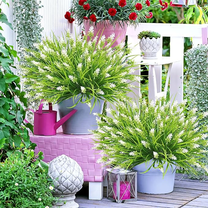 obbsie 36 Bundles Artificial Plants Outdoor, 18.2" UV Resistant Faux Monkey Grass Greenery Stems No Fade Faux Plastic Flowers Shrubs for Home Weddings Garden Porch Front Patio Office Decor- White