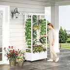 Raised Garden Bed with Trellis & Hanging Roof, Weatherproof Metal Planter Box with Wheels, Garden Arch Trellis for Outdoor Climbing Plants Vines Flowers, 74" H x 44" L x 17" W, White