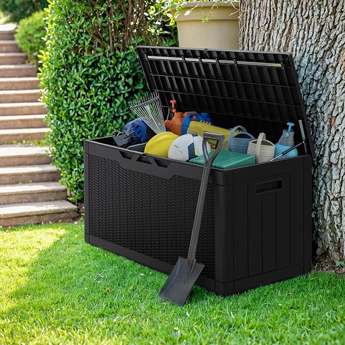 Greesum 100 Gallon Resin Deck Box Large Outdoor Storage with Cushions for Patio Furniture, Garden Tools, Pool Supplies, Weatherproof and UV Resistant, Lockable, Black