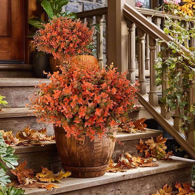 Artificial Fall Flowers Outdoor Fake Mums - 16 Bundles Fake Plants UV Resistant No Fade Faux Plastic Greenery Garden Porch Patio Fall Home Decor (Green Orange)