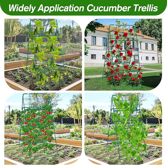 Cucumber Trellis for Raised Bed A Frame Metal Garden Trellis for Climbing Plants Outdoor, 42 x 16IN Foldable Coated Steel Cucumbers Trelli, Easy to Install Cucumber Trellis for Vegetable Fruit