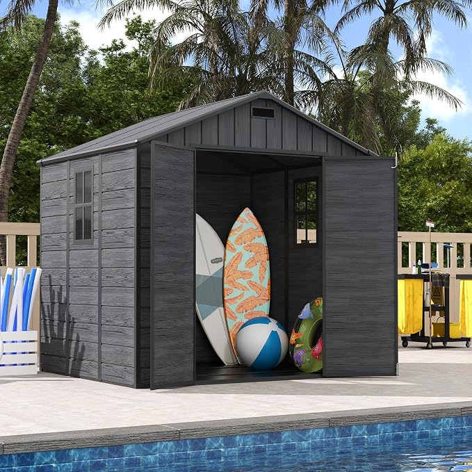 UDPATIO Resin Storage Shed 8 x 6 FT, Plastic Outdoor Storage Shed with Floor Outdside Storage Garden Patio Sheds with Lockable Door for Bike, Garbage Can, Tool, Dark Grey