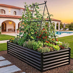 YITAHOME 8x4x2ft Galvanized Raised Garden Bed with Cucumber Trellis, Metal Planter Box with A-Frame Metal Trellis, Vertical Netting, Gloves, Outdoor Flower Bed for Vegetable Bean Grape Flowers, Black