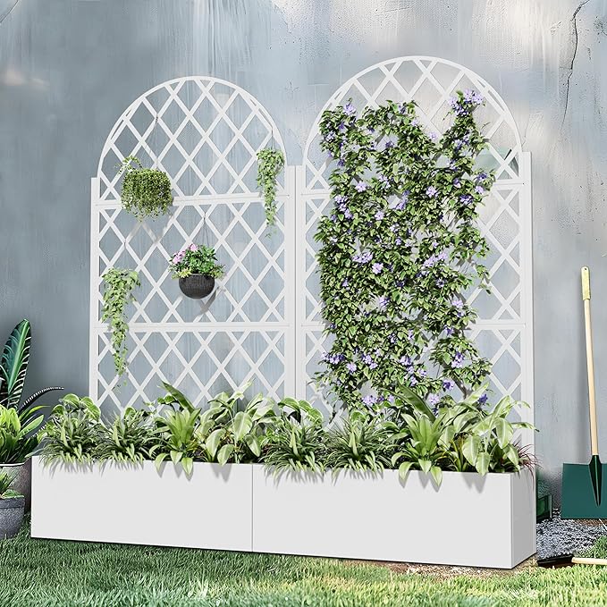 Casaphoria Metal Raised Garden Bed with Trellis and Wheels, 72"x35"x16" Arched Planter Box for Climbing Plants, Vegetables & Vines, Features Drainage Holes and Privacy Screen (White-Rhombus)