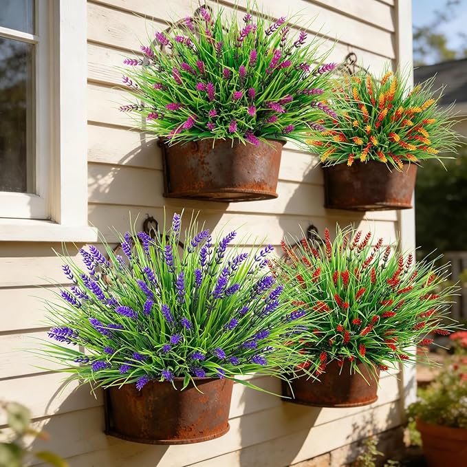 Roberly 24 Bundles Artificial Plants Outdoor, Fake Lavender Flowers UV Resistant Faux Shrubs Plastic Flowers Fake Greenery Plants for Porch Garden Window Box Home Indoor Outdoor Decorations, Mixed