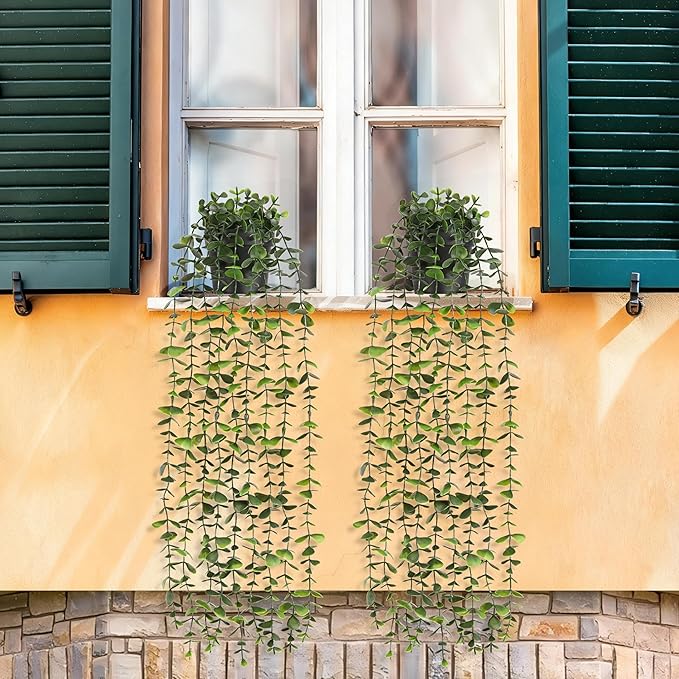 Waipfaru 2Pcs Fake Hanging Plants with Pot, Artificial Potted Faux Eucalyptus Plants Fake Vines Ivy Artificial Plants Outdoor Faux Plants Indoor Bedroom Living Room Boho Wall Porch Shelf Decor