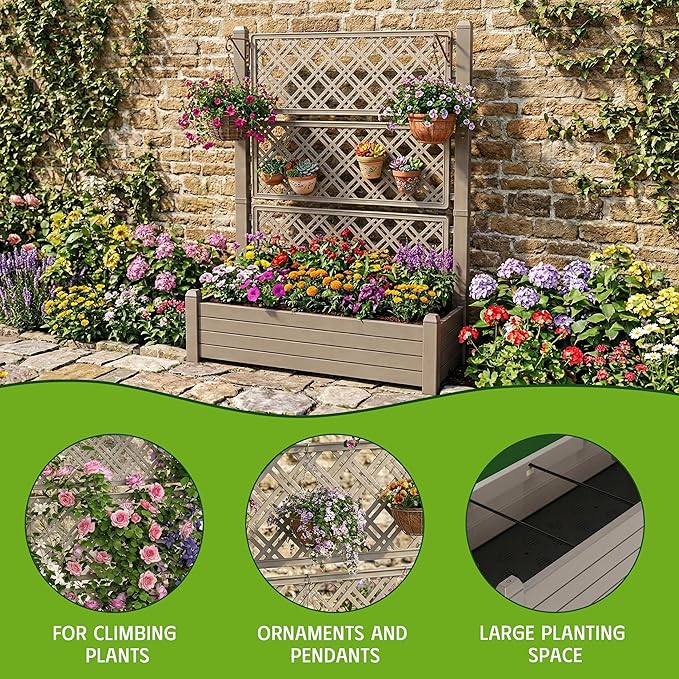 Elevated Raised Garden Bed with Trellis,Resin Planter Boxes Outdoor for Backyard Balcony,Large Patio Planter Box for Herbs Flowers Vegetables(Grey)