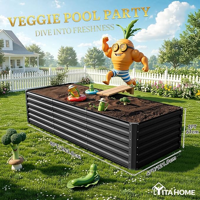 YITAHOME 8x4x2ft 2pcs Large Raised Garden Bed, Galvanized Metal Planter Box with Gloves, Ground Nails, Support Rod & Safety Rubber, Outdoor Above Ground Planters for Plants Vegetables Flowers, Black