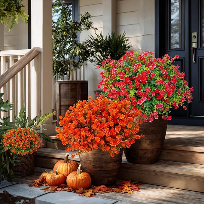Artificial Flowers for Outdoors Fake Plants - 12 Bundles Faux UV Resistant No Fade Plastic Greenery Home Garden Porch Patio Decoration Boxwood Shrubs (Red)
