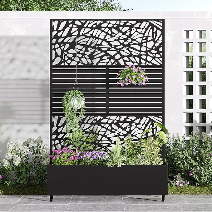 Casaphoria Metal Raised Garden Bed with Trellis and Wheels, 72"x47"x16" Arched Planter Box for Climbing Plants, Vegetables & Vines, Features Drainage Holes and Privacy Screen (Black-Net&Louvered)