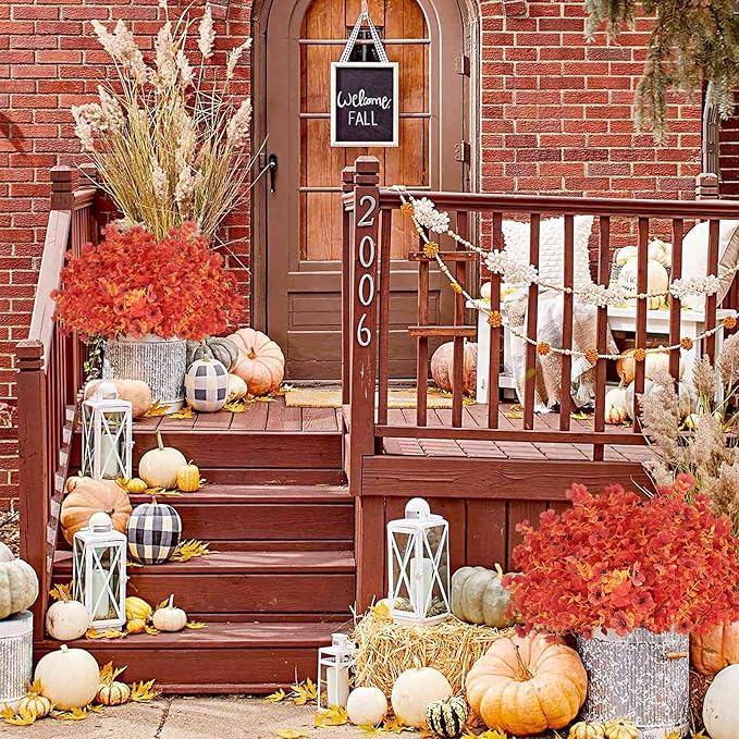 24 Bundles Artificial Fall Flowers Outdoor UV Resistant Fake Mums Bulk Outdoor Faux Mums Plants Plastic Flower Decorations for Home Garden Porch Hanging Planter Vase Autumn Decor Outside, Orange