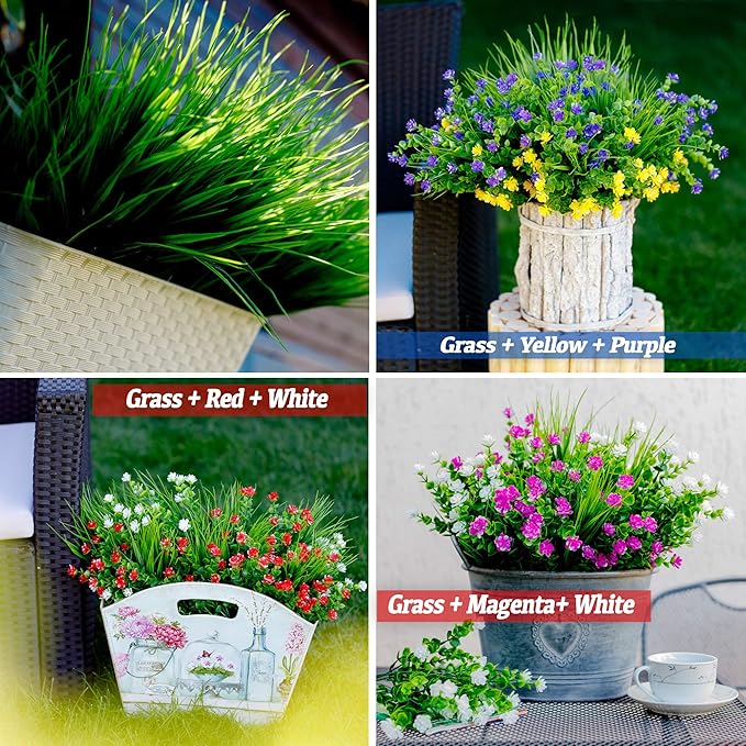 Artificial Monkey Grass Outdoor Shrubs - 20 Bundles Fake Plants UV Resistant No Fade Faux Plastic Greenery Home Garden Porch Patio Decoration Office Indoor (Green Grass)