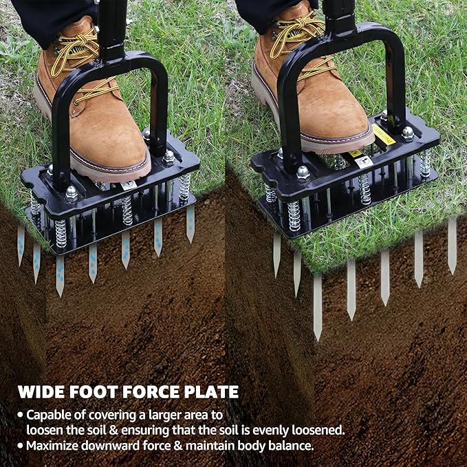 Lawn Aerator, Automatic Dirt and Leaf Clean Design, Reinforced Plastic Shell, Heavy Duty Manual Lawn Aerator Tool with 15 Iron Spikes, Height Adjustable Aerator for Lawn(Armor Black)