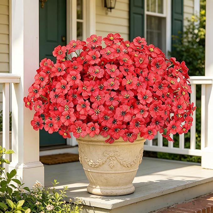 AmyHomie 20 Bundles Artificial Flowers for Outdoor UV Resistant Faux Flowers No Fade Fake Plastic Plants Garden Porch Window Box Decorating(Red)