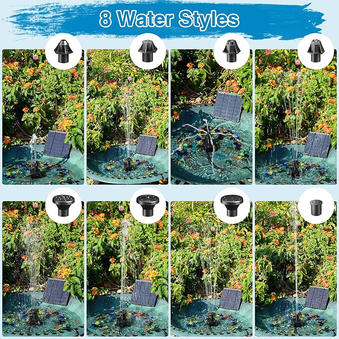 Jutai Solar Fountain Kit with Holder Glass Panel - No Battery, DIY Mini Solar Water Pump Works in Shadow with Sucker for Bird Bath, Hummingbird, Water Feature, Outdoor, 9.84ft Power Cord, 8 Nozzles
