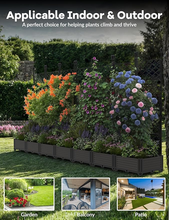 Garvee Raised Garden Bed with Trellis 7-Pack - 114" l x 16" w x 63" h Plastic Vertical Planter Box for Climbing Plants, Outdoor Privacy Screen for Patio, Balcony, Backyard - Sturdy & Lightweight