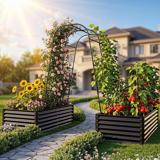 YITAHOME 2pcs 6x3x1.5ft Galvanized Raised Garden Bed with Tall Arch Trellis, Galvanized Planter Box with Trellis, Vertical Netting, Gloves, Outdoor Flower Bed for Climbing Plants, Vegetables, Black