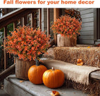 Artificial Fall Flowers Outdoor Fake Mums - 16 Bundles Fake Plants UV Resistant No Fade Faux Plastic Greenery Garden Porch Patio Fall Home Decor (Green Orange)