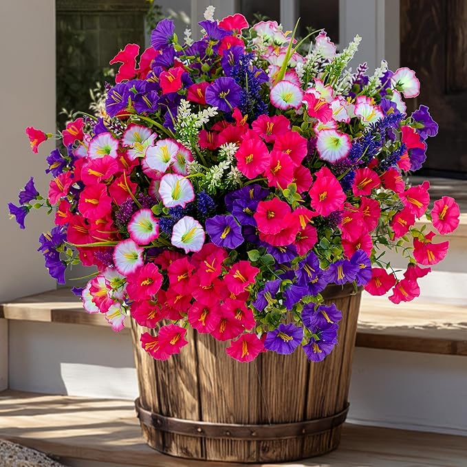 Artificial Flowers Outdoor Morning Glory - 16 Bundles Fake Plants UV Resistant No Fade Faux Plastic Greenery Home Garden Porch Decoration Indoor (1, Multi16-3)