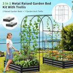 DoCred Galvanized Raised Garden Bed with 87" H Arch Trellis for Climbing Plants, Raised Outdoor Planter Garden Box with Climbing Netting for Gardening, Climbing Vegetables, Flower, Black