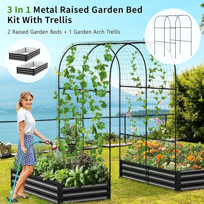 DoCred Galvanized Raised Garden Bed with 87" H Arch Trellis for Climbing Plants, Raised Outdoor Planter Garden Box with Climbing Netting for Gardening, Climbing Vegetables, Flower, Black