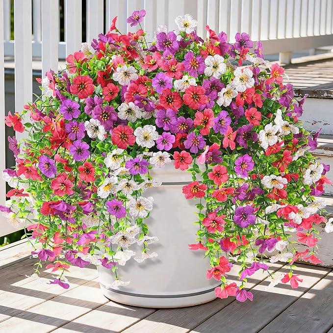 INQCMY 2Pcs Artificial Fake Hanging Flowers for Outdoors UV Resistant Artificial Plants for Spring Summer Decor Look Real Faux Flowers for Outside Home Planter Porch Patio Decor