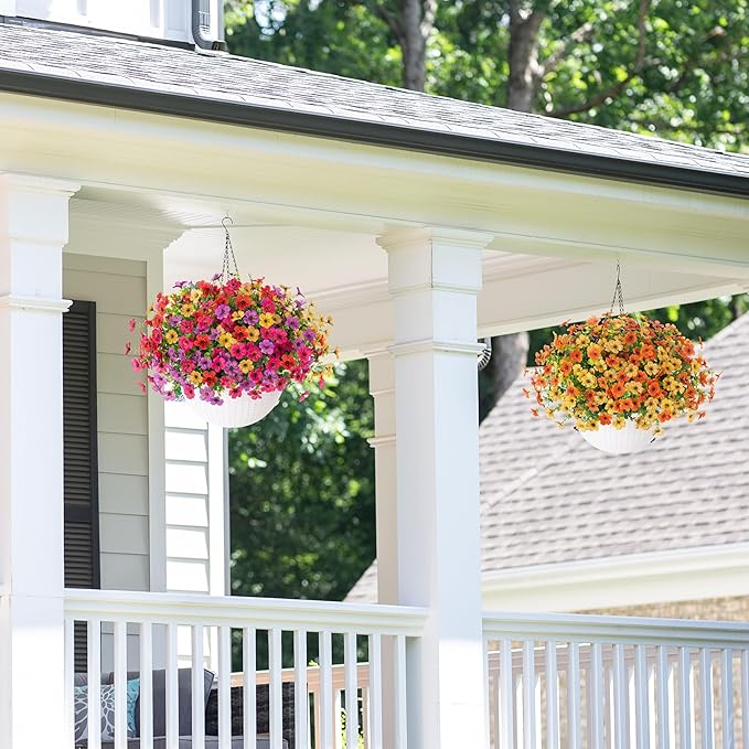 HyeFlora Artificial Fake Hanging White Flowers Plants Basket for Outdoor Outside Fall Winter, Faux Silk Daisy UV Resistant Look Real for Christmas Porch Patio Balcony Home Yard Decoration