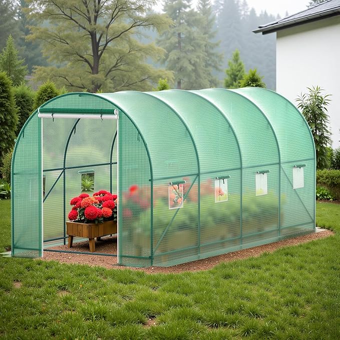 Greenhouses for Outdoors Heavy Duty 15 x 7 x 7 FT Portable Greenhouse for Winter with 8 Ventilated Screen Windows & Rolling Zipper Door & Reinforced Steel Frame Greenhouse Tunnel