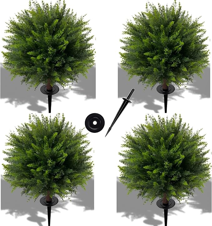 24.5 Inch (H) Artificial Cedar Topiary Ball Trees, Set of 4 Fake Shrub Bushes with Ground Spike, UV Resistant Faux Cypress Greenery Decor for Outdoor Garden, Patio, Front Porch, and Indoor Use