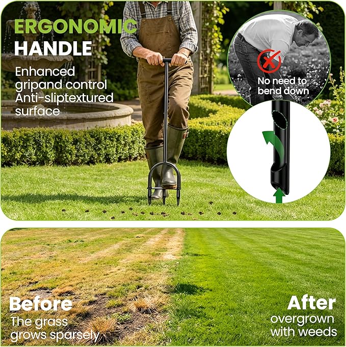 Manual Lawn Core Aerator Tool – Heavy Duty Hand Soil Aerator with 3 Hollow Tines, Pre-Assembled Lawn & Garden Plug Remover for Grass Growth & Soil Improvem