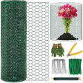 Plant Protectors from Animals, 16.4 x 16In Green PVC Coated Galvanized Chicken Wire Mesh Roll, 0.8mm Free-Cut Plant Cage with Ties, Stakes, Gloves, Pliers & Floral Wire (33Ft*20In)