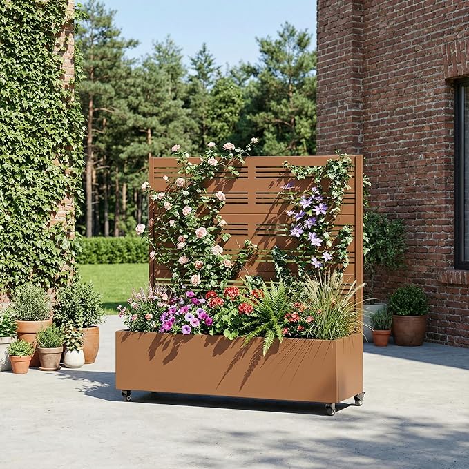 Casaphoria Metal Raised Garden Bed with Trellis and Wheels, 47"x47"x16" Planter Box for Climbing Plants, Vegetables & Vines, Features Drainage Holes and Privacy Screen, Brown-Harold