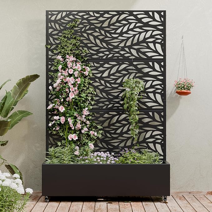 Casaphoria Metal Raised Garden Bed with Trellis and Wheels, 72"x47"x16" Planter Box for Climbing Plants, Vegetables & Vines, Features Drainage Holes and Privacy Screen (Black-Spring)