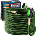 PowerFlow Garden Hose, NON-EXPANDABLE 75 Feet Premium Quality Stainless Steel Metal Water Hose with Durable Fabric Skin, Hose For Commercial, Residential Use, Bonus 10-way Spray Nozzle (75 Ft, Green)