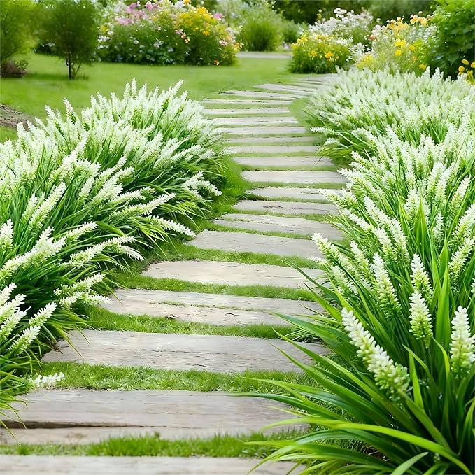 Geegoods Artificial Plants Flowers Outdoor – 24 Bundles UV Resistant Faux Lavender Flowers with Monkey Grass for Garden Porch Window Patio Hanging Planter Decor