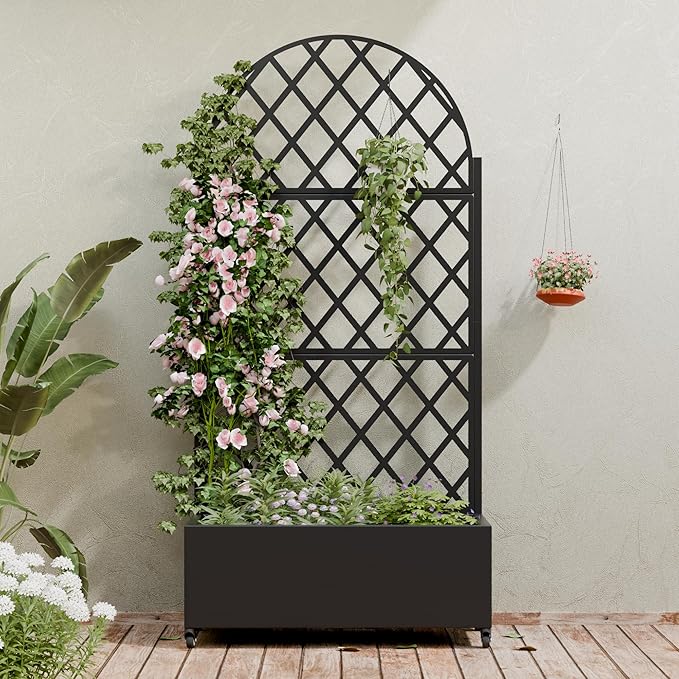 Casaphoria Metal Raised Garden Bed with Trellis and Wheels, 72"x35"x16" Planter Box for Climbing Plants, Vegetables & Vines, Features Drainage Holes and Privacy Screen (Black-Rhombus)
