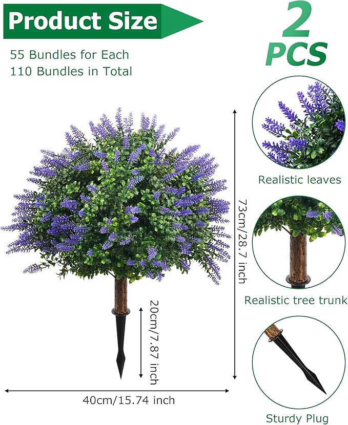 27.55 Inch Artificial Boxwood Trees, 2 Sets Faux Lavender Topiary with Spikes, Pot Filler Fake Shrubs Plants for Outdoor Planters, Round Topiary Bush Balls Front Porch Home Garden Spring Decor