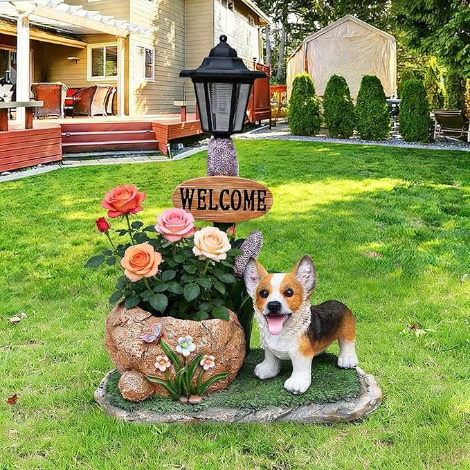 Animal Outdoor Statue Planter Solar Light Welcome Garden Sculpture Resin Flower Pot Decorative Porch Patio Yard Lawn Entryway Figurine with LED Lamp Rustic Plant Holder Ornament Courtyard (N)