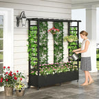 Raised Garden Bed with Trellis & Hanging Roof, Weatherproof Metal Planter Box with Wheels, Garden Arch Trellis for Outdoor Climbing Plants Vines Flowers, 74" H x 77" L x 17" W, Black
