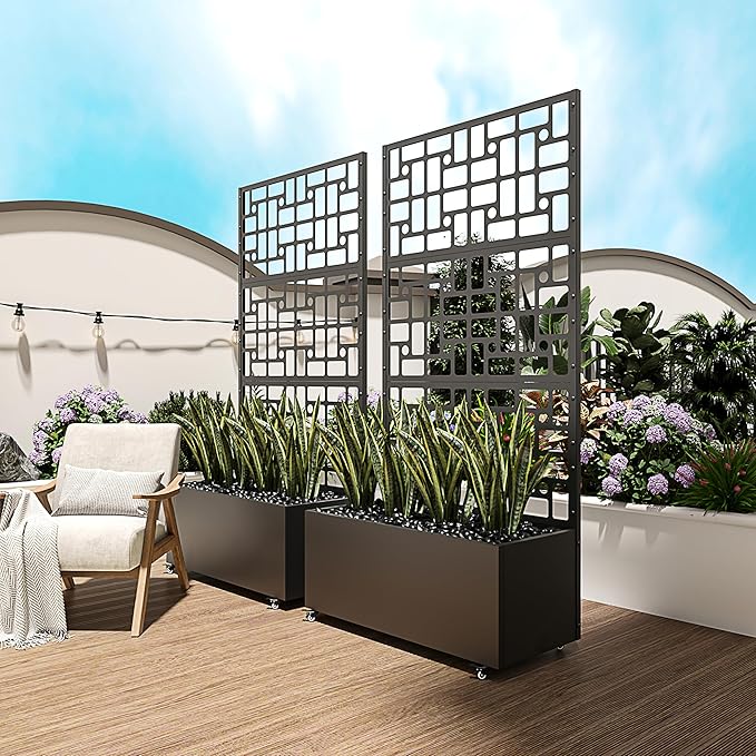 73" Ornamental Metal Planter Box with Trellis on Wheels, Raised Garden Bed with Scrollwork Privacy Screen, Outdoor Privacy Planters for Patio Balcony Backyard, Climbing Plants Vegetables