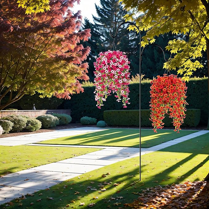 Fake Artificial Hanging Flowers for Outdoors Fake Plants Decoration, 2 Bundles Faux Silk Colorful Daisy Eucalyptus Realistic UV Resistant for Outside Home Planter Porch Patio Yard Decor(Red Orange)