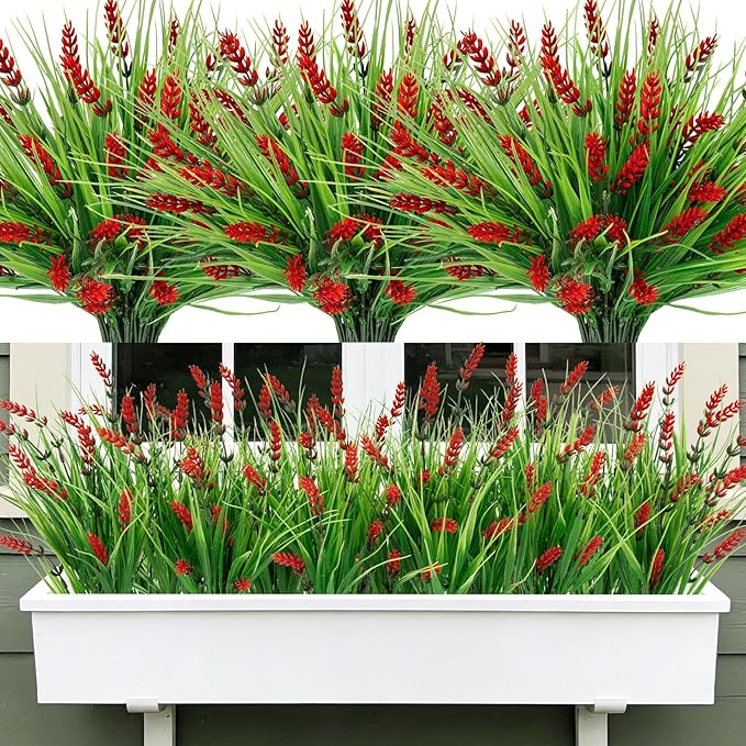Roberly 24 Bundles Artificial Plants Outdoor, Fake Lavender Flowers UV Resistant Faux Shrubs Plastic Flowers Fake Greenery Plants for Porch Garden Window Box Home Indoor Outdoor Decorations, Red